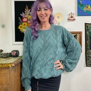 Vintage Chunky Oversized Sweater, 1970s Hand Knit Blue Crewneck, OS Plus Sz